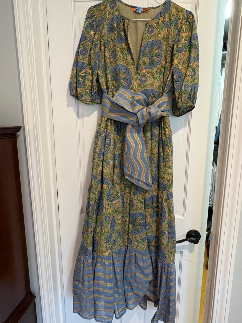 Oliphant Blue & Gold with Green Floral Tiered Maxi Dress with Sash